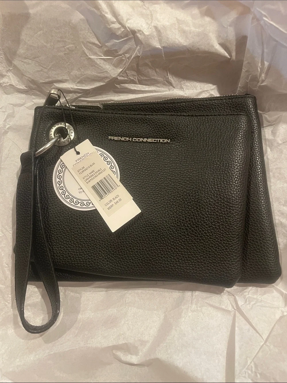 French Connection Laura Black Pebbled Double-Pouch Wristlet NWT